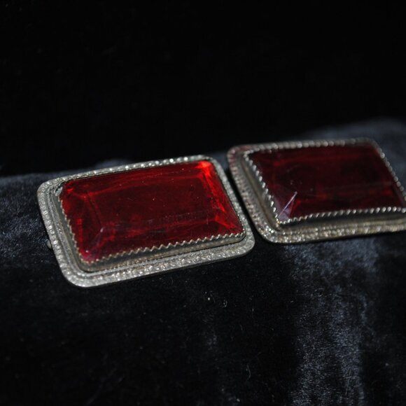 Antique Matching Pair of Oversized Ruby Czech Glass Sash Brooches - Picture 2 of 8